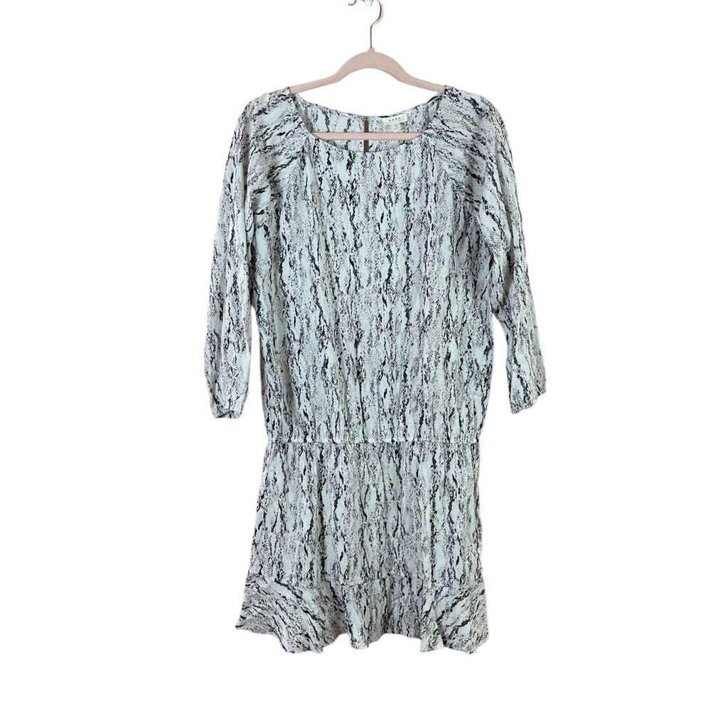 SOFT BY JOIE womens size L white snake print long sleeve drop waist ruffle dress